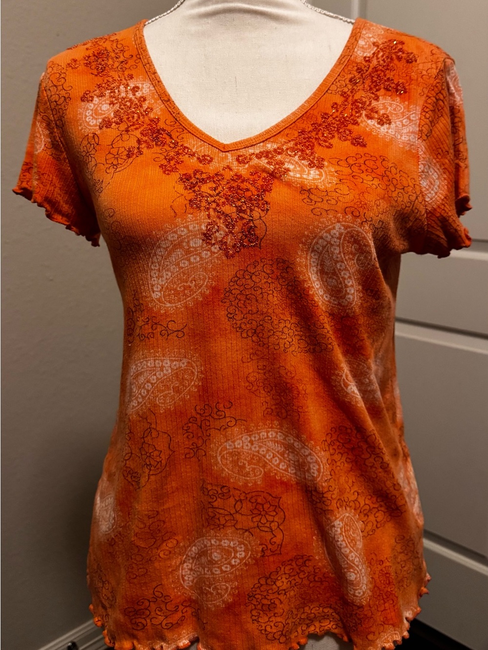 Women’s Faded Glory Orange White Paisley Short Sleeve Top Size Medium